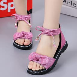 image-Girls Roman Sandals - Pink Bow Velcro Soft Sole