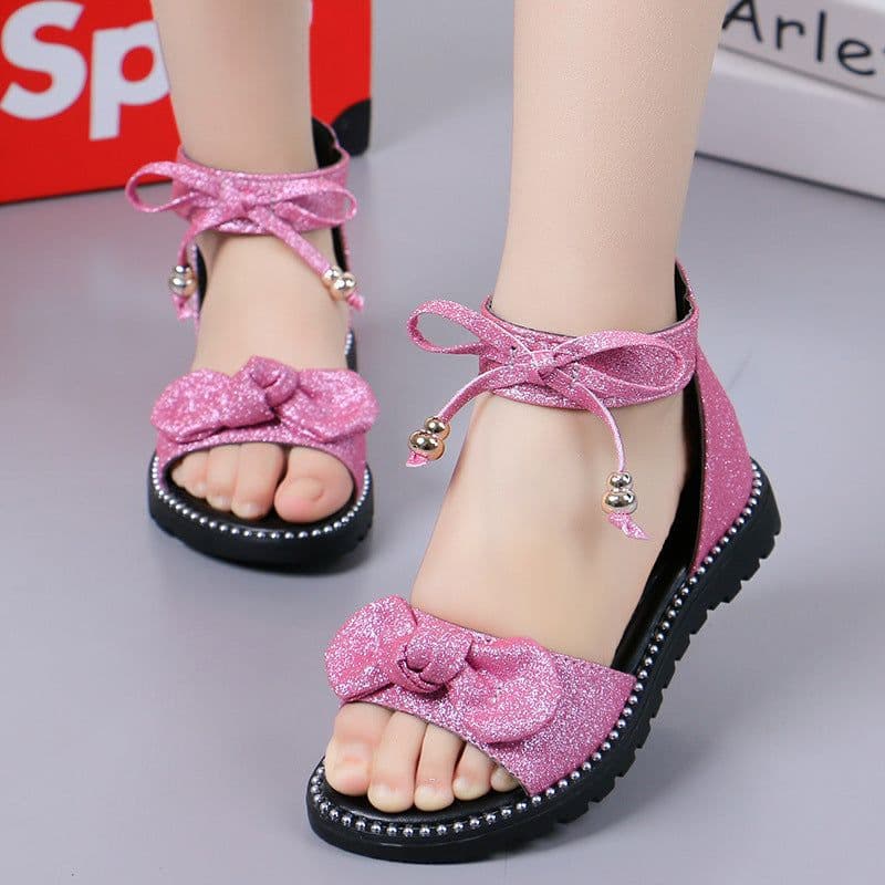 image-Girls Roman Sandals - Pink Bow Velcro Soft Sole