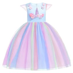 image-Halloween Unicorn Ruffle Sleeve Rainbow Dress - Light Blue, 3-8 Years