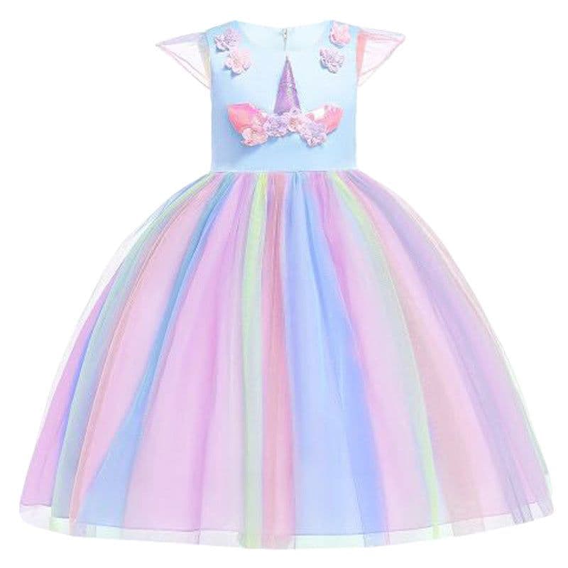 image-Halloween Unicorn Ruffle Sleeve Rainbow Dress - Light Blue, 3-8 Years
