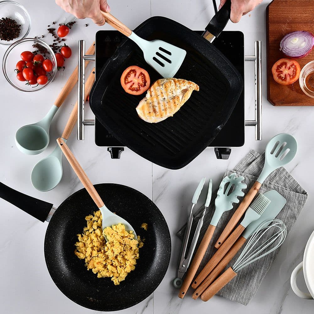 image-Storage bucket fresh green wooden handle silicone kitchen utensils set of 11 non-stick spatula kitchen set eleven sets