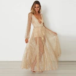 image-Tunic Robe Dresses Long Sleeve Deep V Neck Evening Party Mermaid