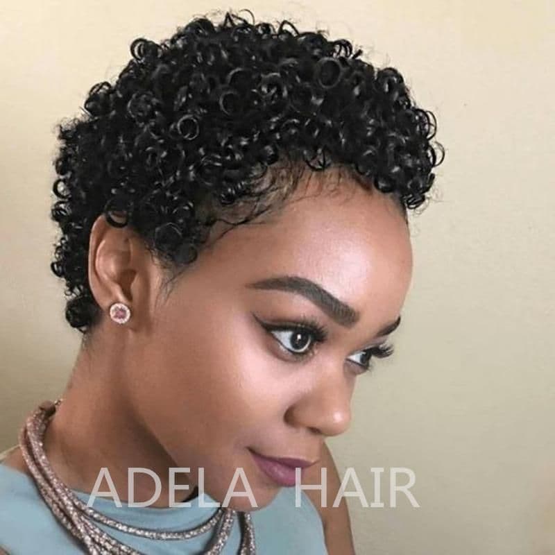 image-Short Curly Afro Wigs Fluffy Kinky 100% Human hair Wigs Short Curl