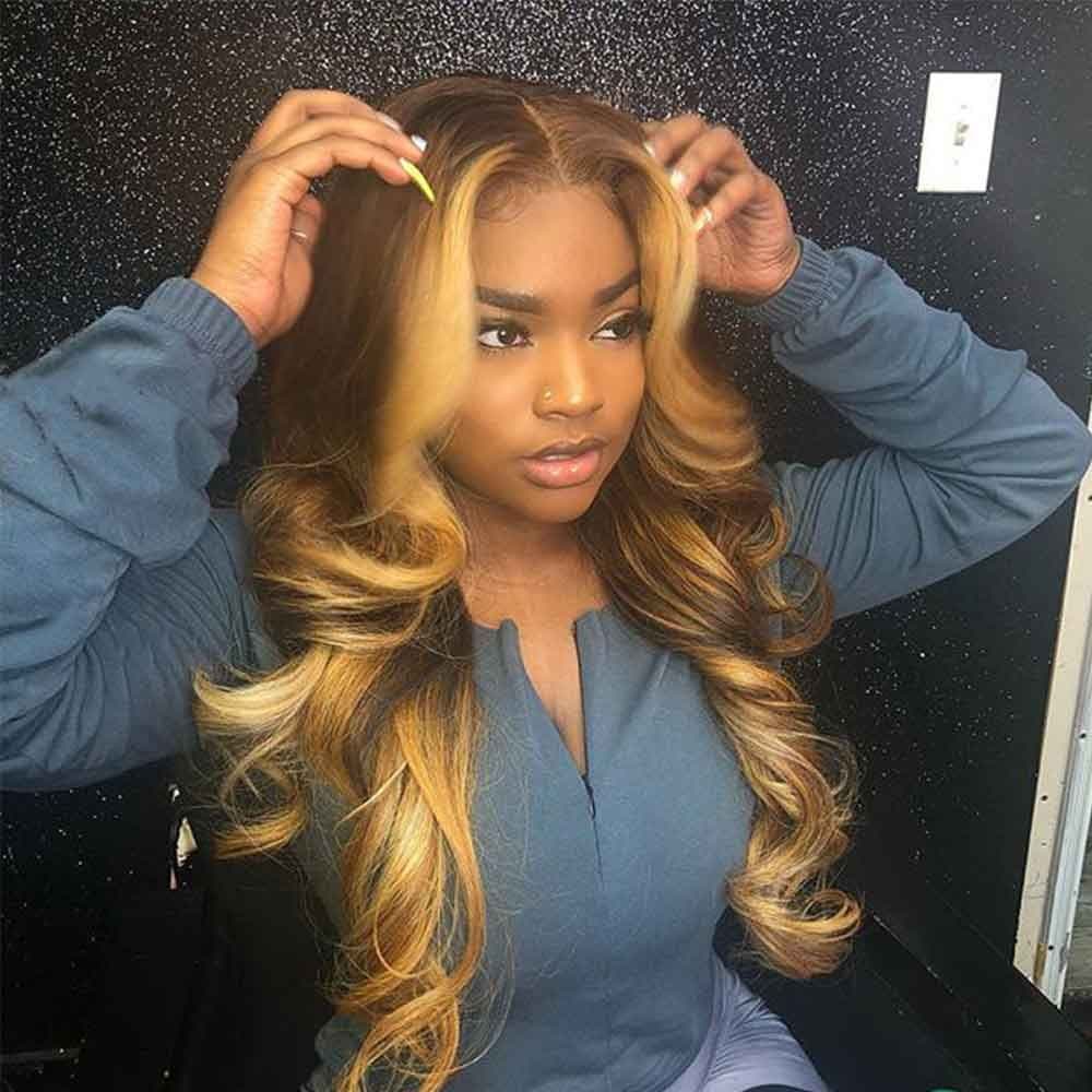 image-Full Lace Human Hair Wigs Colored Lace Frontal Wig Wavy 13x4 Lace