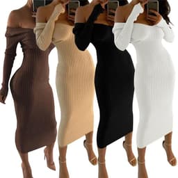 image-2019 Winter Knitted Sweater Dress Women Off Shoulder Midi Sexy Bodycon