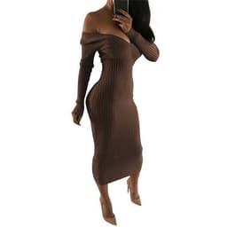 image-2019 Winter Knitted Sweater Dress Women Off Shoulder Midi Sexy Bodycon