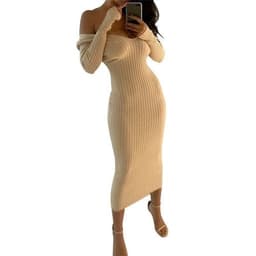image-2019 Winter Knitted Sweater Dress Women Off Shoulder Midi Sexy Bodycon