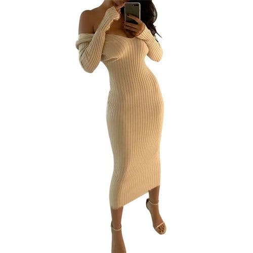 image-2019 Winter Knitted Sweater Dress Women Off Shoulder Midi Sexy Bodycon