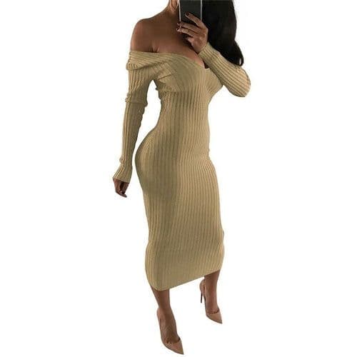 image-2019 Winter Knitted Sweater Dress Women Off Shoulder Midi Sexy Bodycon