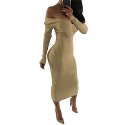image-2019 Winter Knitted Sweater Dress Women Off Shoulder Midi Sexy Bodycon