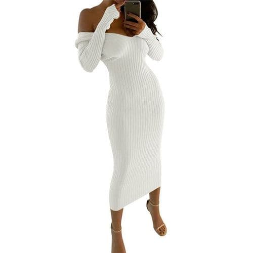 image-2019 Winter Knitted Sweater Dress Women Off Shoulder Midi Sexy Bodycon
