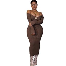 image-2019 Winter Knitted Sweater Dress Women Off Shoulder Midi Sexy Bodycon