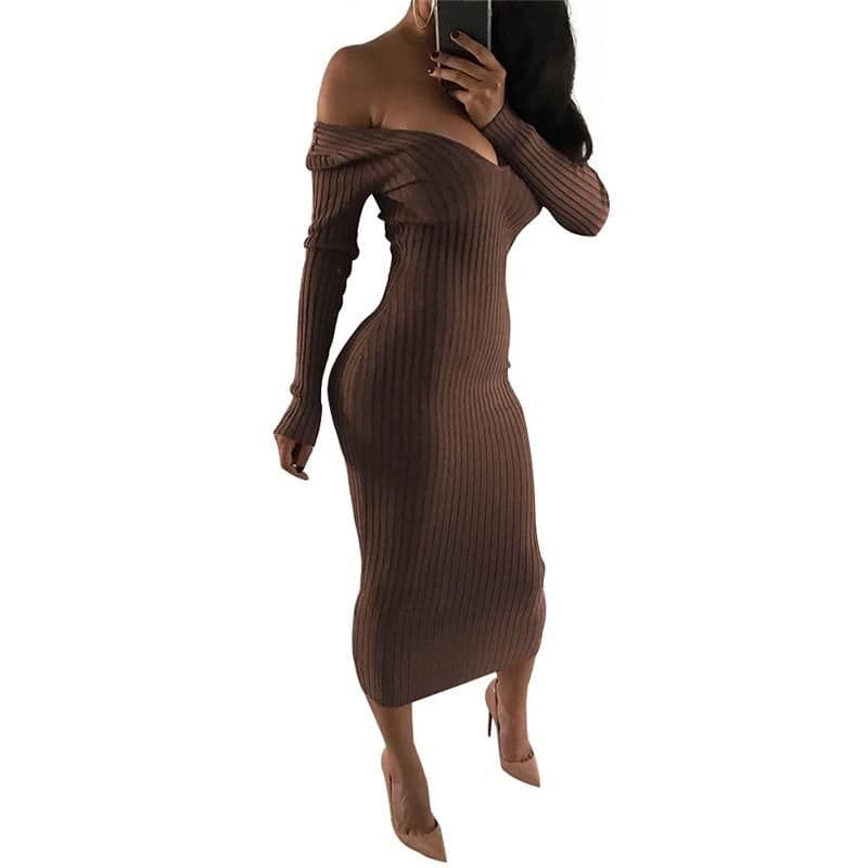 image-2019 Winter Knitted Sweater Dress Women Off Shoulder Midi Sexy Bodycon