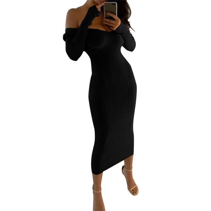 image-2019 Winter Knitted Sweater Dress Women Off Shoulder Midi Sexy Bodycon