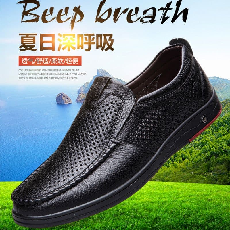 image-2022 Summer Business Leather Shoes Soft Leather Dad Shoes Men's Hollow Hole Shoes Middle-aged and Elderly Leather Sandals Casual Shoes Men's Shoes