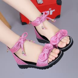 image-Girls Roman Sandals - Pink Bow Velcro Soft Sole