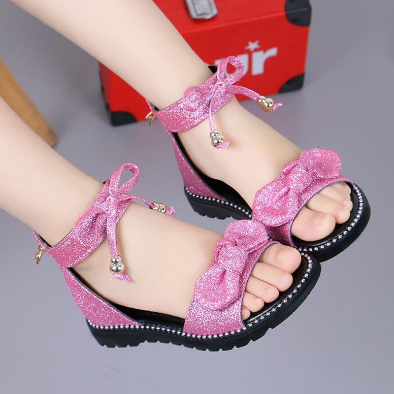 image-Girls Roman Sandals - Pink Bow Velcro Soft Sole