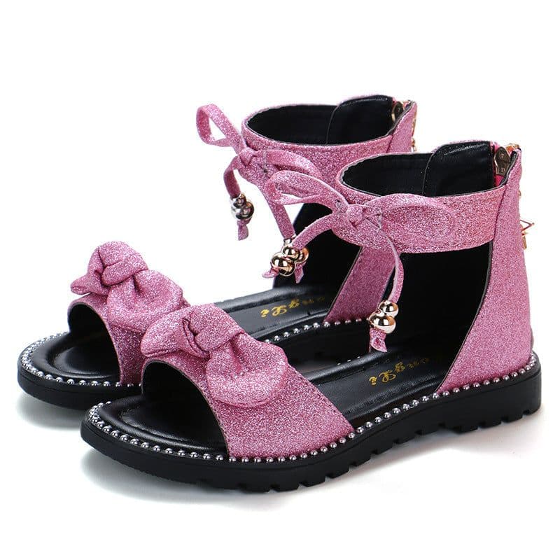 image-Girls Roman Sandals - Pink Bow Velcro Soft Sole