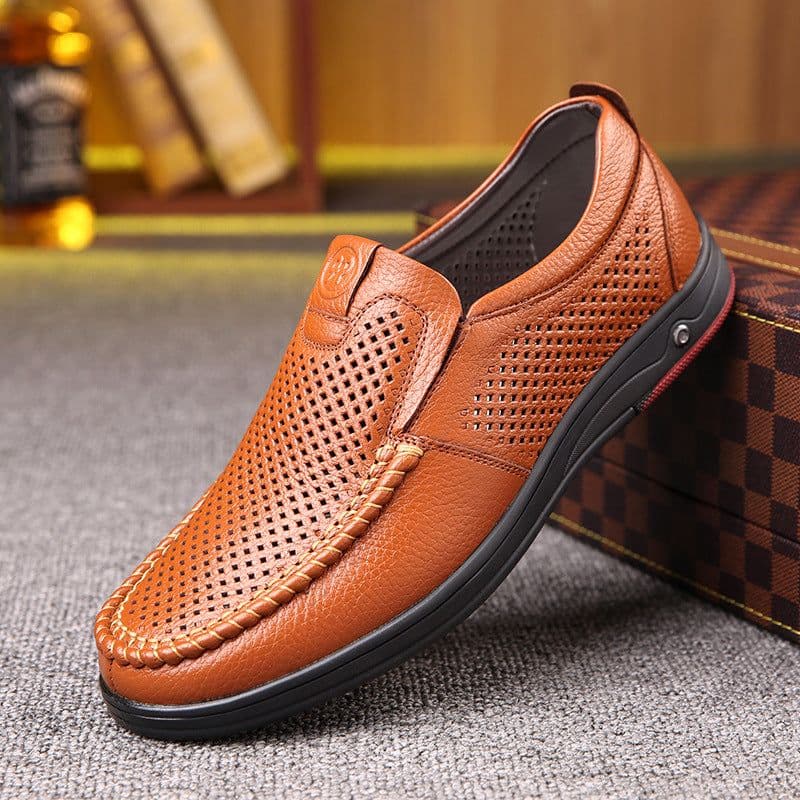 image-2022 Summer Business Leather Shoes Soft Leather Dad Shoes Men's Hollow Hole Shoes Middle-aged and Elderly Leather Sandals Casual Shoes Men's Shoes