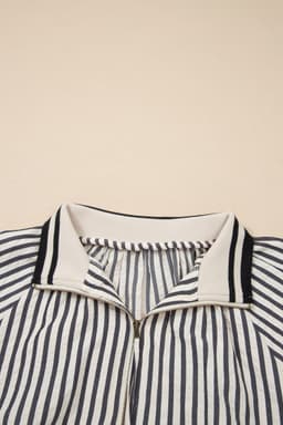 image-Black Stripe Polo Collar Half Zip Short Puff Sleeve Blouse