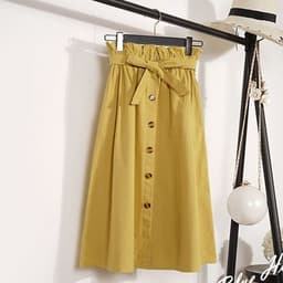 image-Long Yellow A-line Skirt, Street Hipster Floral Bud Design, Washed Cotton