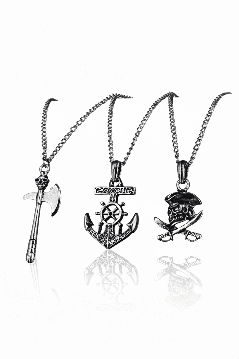 image-3 Piece Pirate Sword Anchor Skull Pendant Necklace Set Men