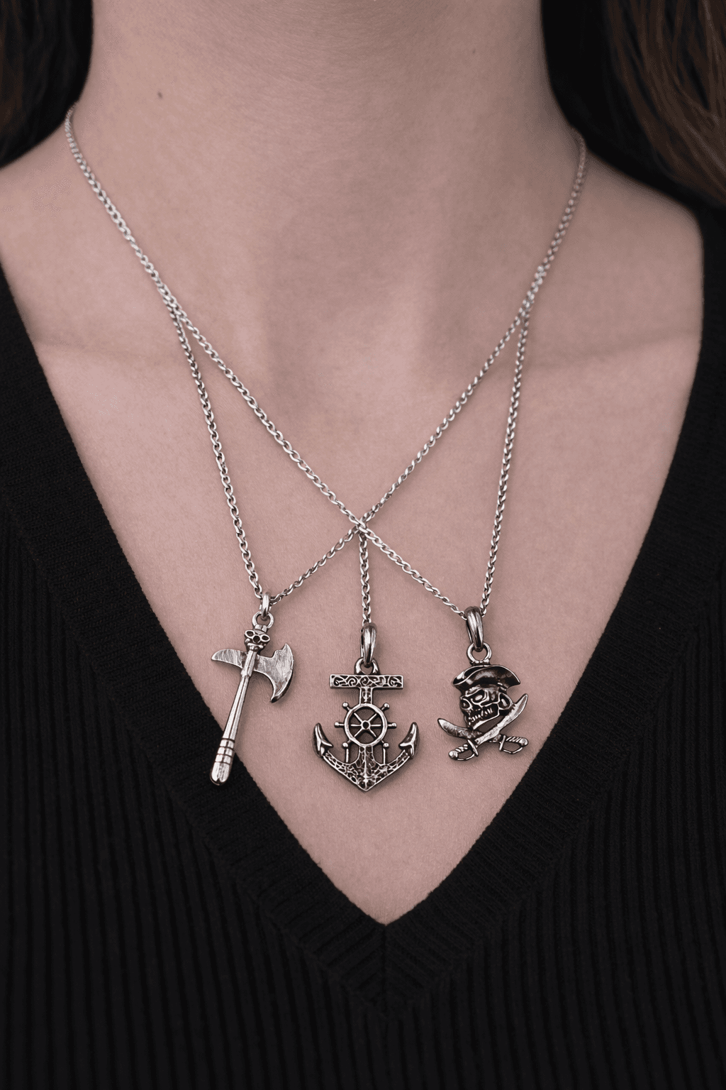 image-3 Piece Pirate Sword Anchor Skull Pendant Necklace Set Men