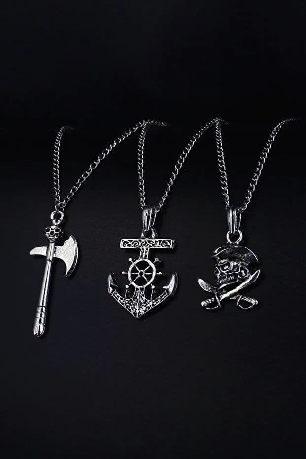 image-3 Piece Pirate Sword Anchor Skull Pendant Necklace Set Men
