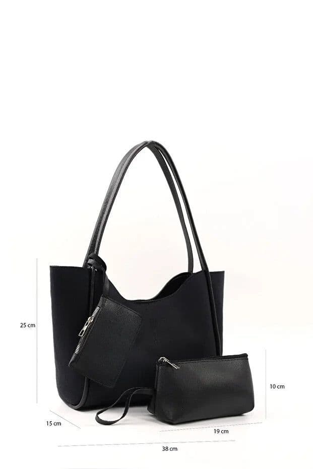 image-Black suede SHK108 women hand and shoulder bag with wallet and makeup