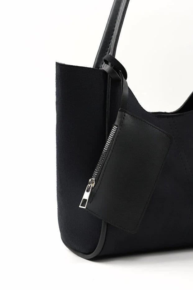 image-Black suede SHK108 women hand and shoulder bag with wallet and makeup