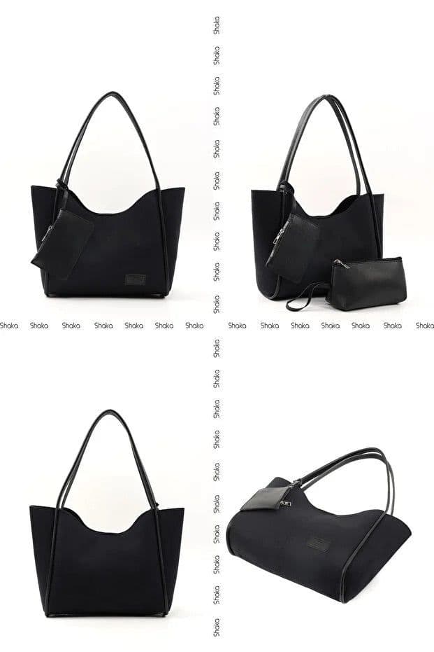 image-Black suede SHK108 women hand and shoulder bag with wallet and makeup