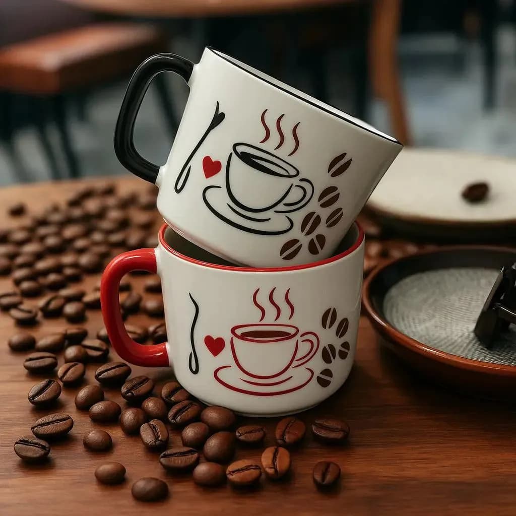 image-Set of 2 Handmade Ceramic Mugs with Coffee-Themed Hand-Painted Designs