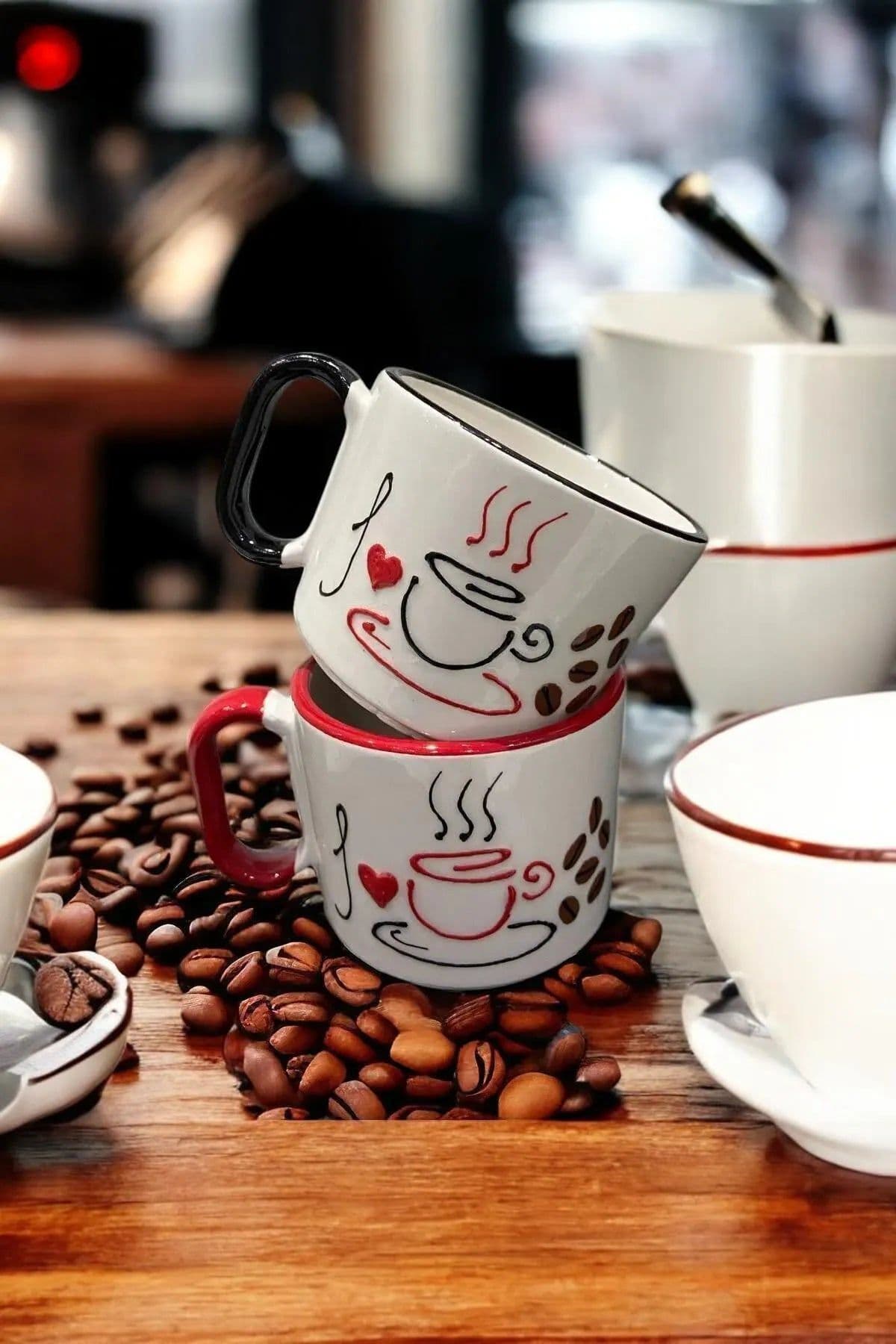 image-Set of 2 Handmade Ceramic Mugs with Coffee-Themed Hand-Painted Designs