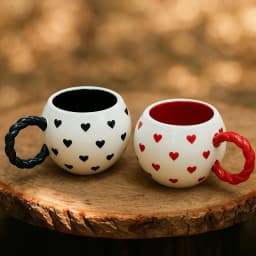 image-Set of 2 Handmade Ceramic Heart Mugs with Embossed Heart Design