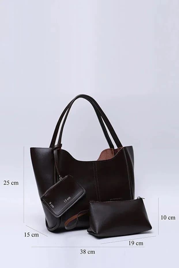 image-Brown SHK108 faux leather women hand and shoulder bag with wallet and