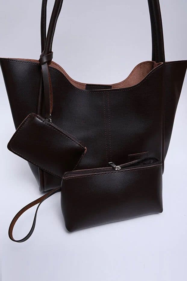 image-Brown SHK108 faux leather women hand and shoulder bag with wallet and