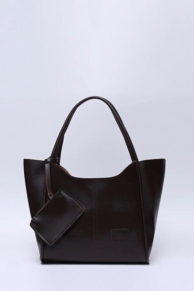 image-Brown SHK108 faux leather women hand and shoulder bag with wallet and