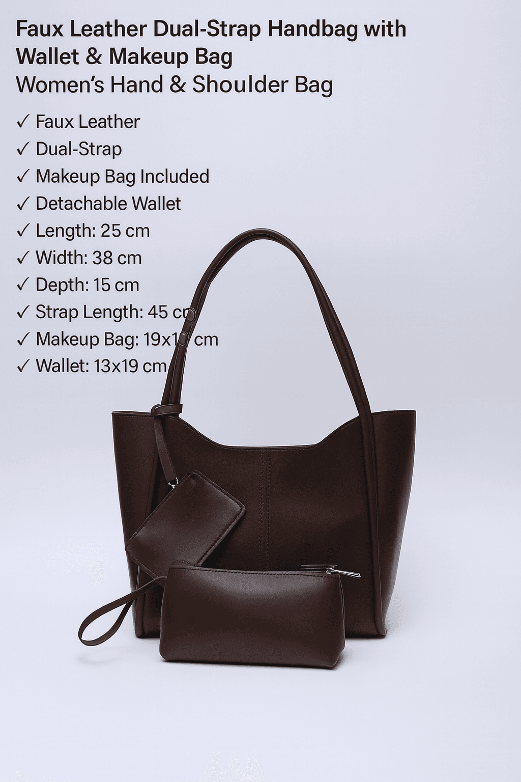 image-Brown SHK108 faux leather women hand and shoulder bag with wallet and