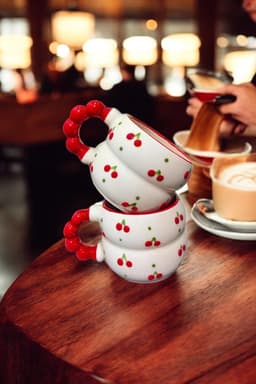 image-Handmade Ceramic Cherry Mugs Set of 2 325ml Capacity for Fruit Themed