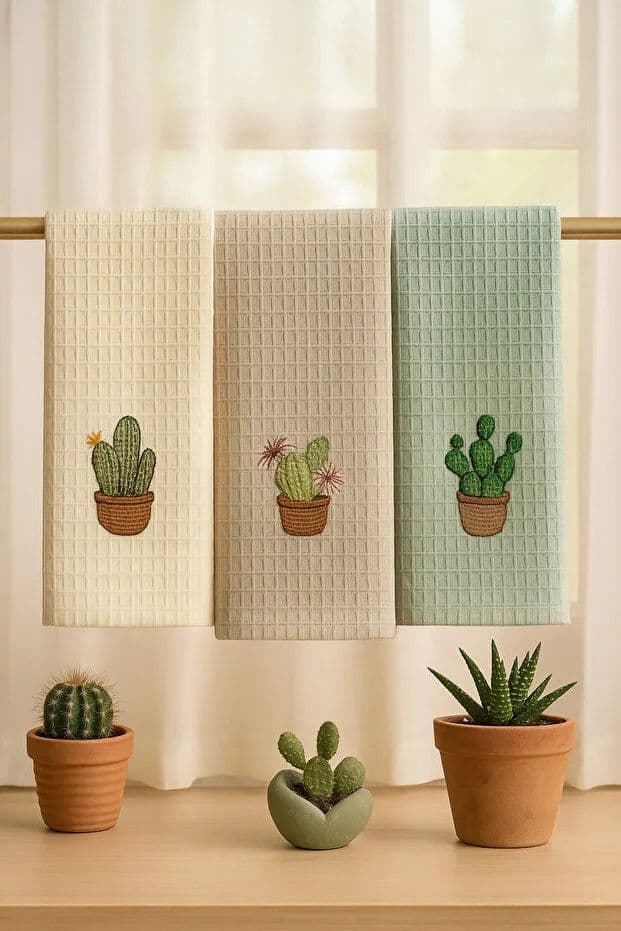 image-Embroidered Kitchen Towel Cactus Design Dish Drying Cloth 40 x 60 cm