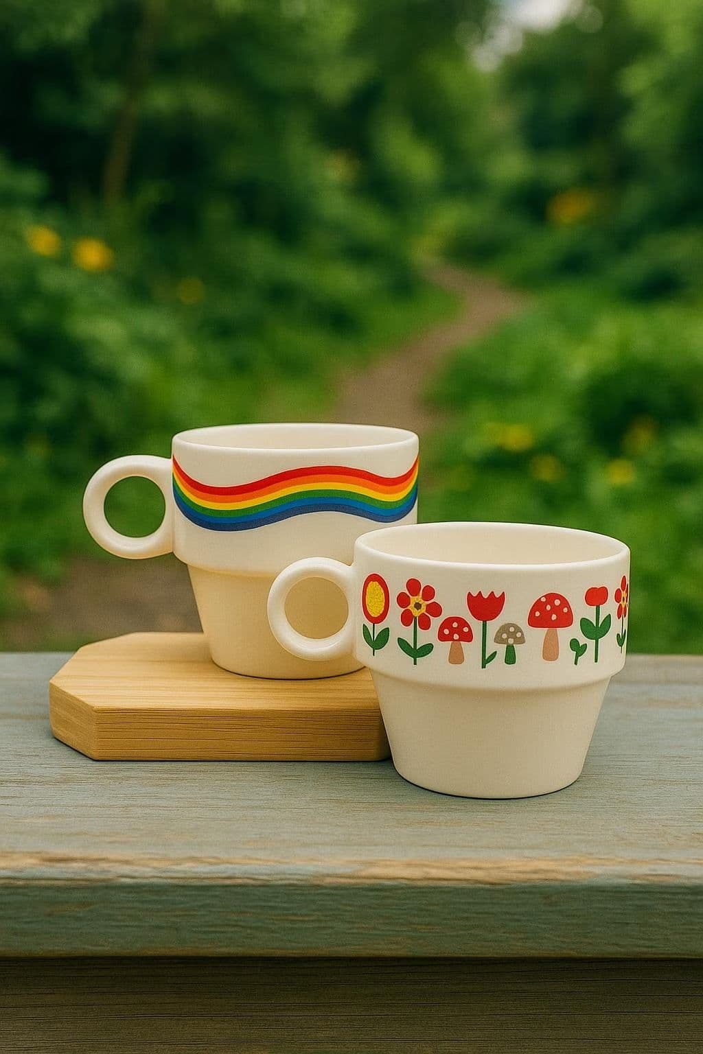 image-Ceramic Espresso Cups with Colorful Car and Rainbow Designs for Coffee