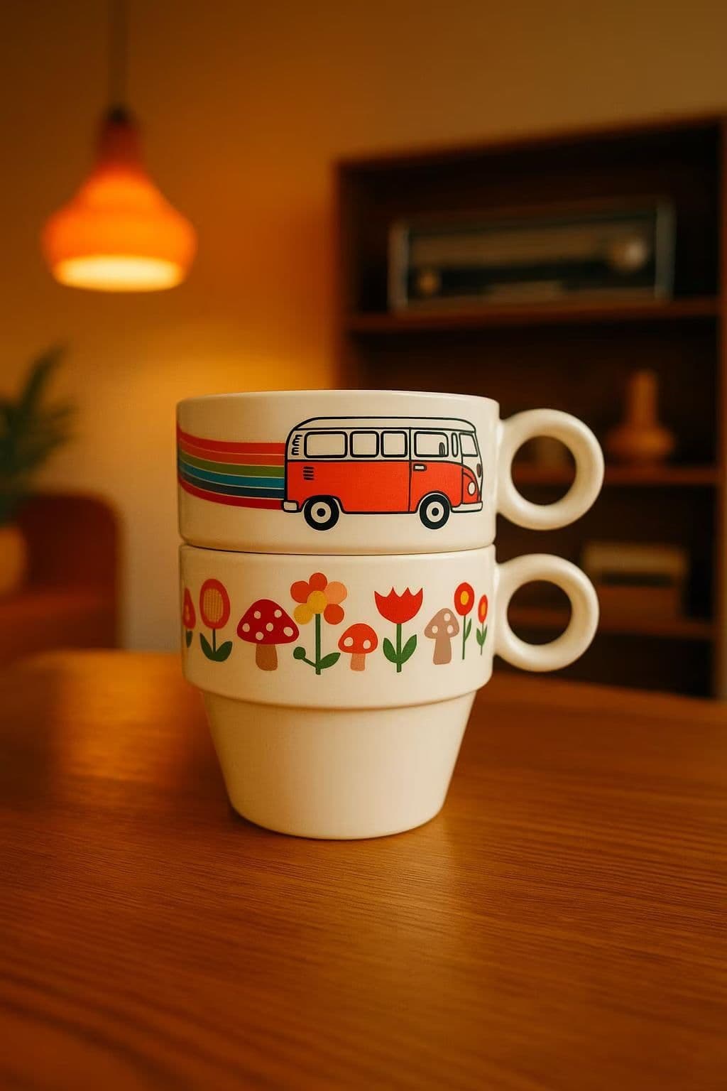 image-Ceramic Espresso Cups with Colorful Car and Rainbow Designs for Coffee