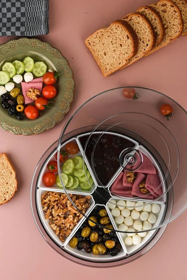 image-Large 6 Compartment 360 Rotating Breakfast Set Bowls Round Serving