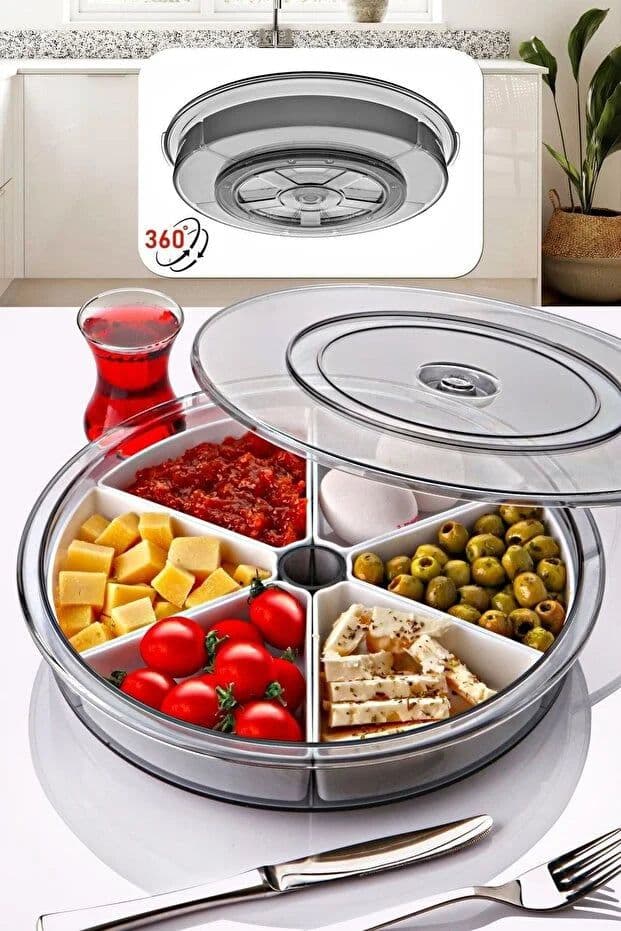 image-Large 6 Compartment 360 Rotating Breakfast Set Bowls Round Serving