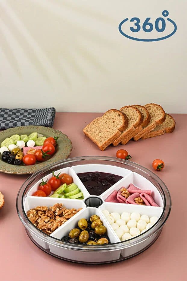 image-Large 6 Compartment 360 Rotating Breakfast Set Bowls Round Serving