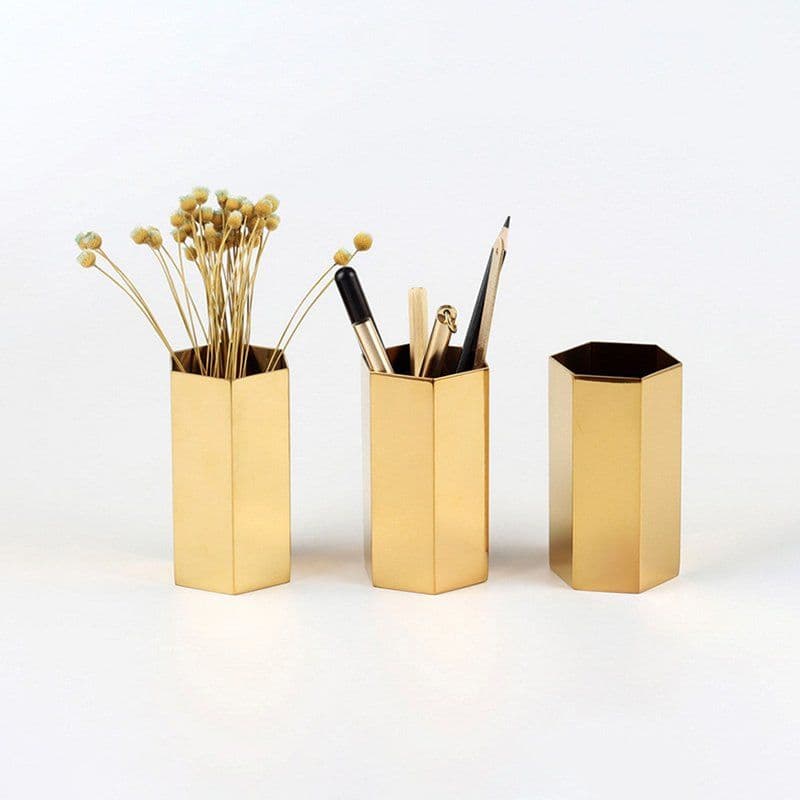 image-Hexagon Brass Desktop Organizer