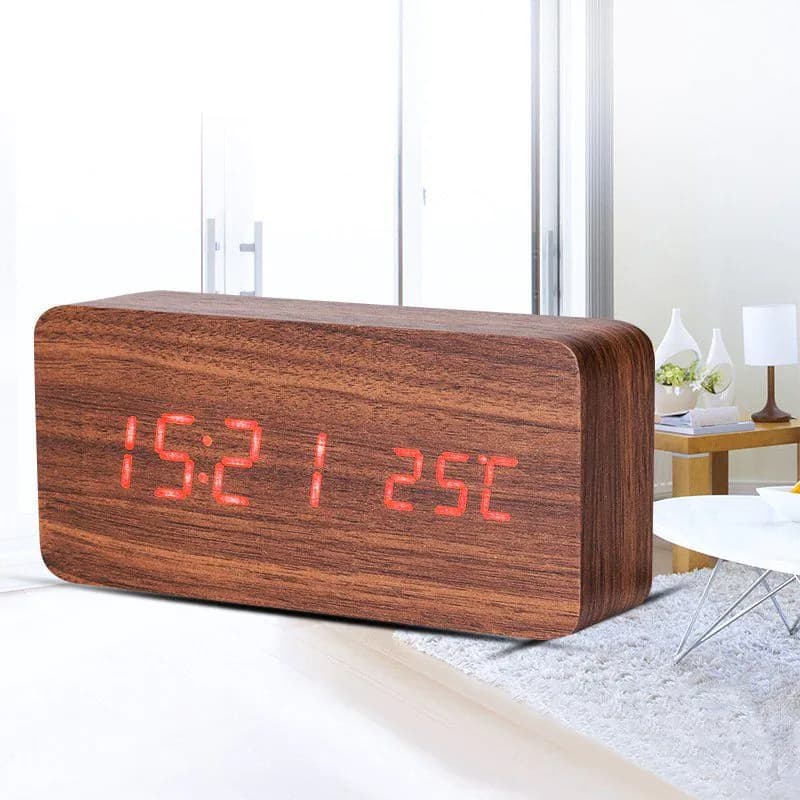 image-LED Teak Cuboid Alarm Clock