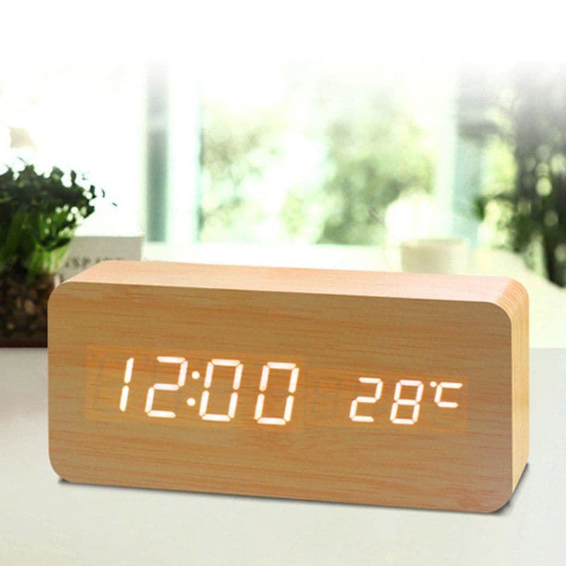 image-LED Teak Cuboid Alarm Clock