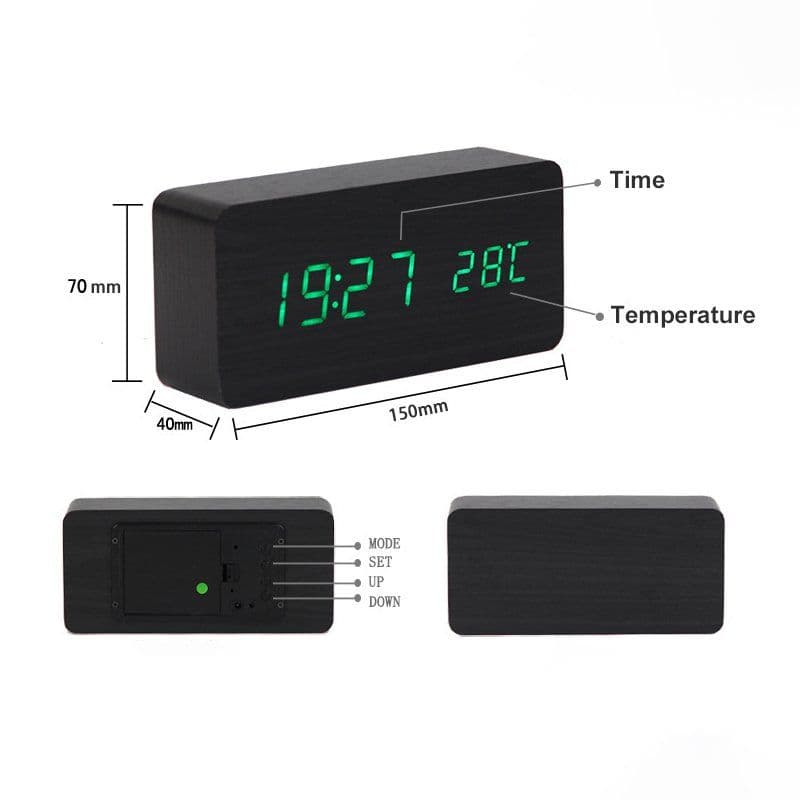 image-LED Teak Cuboid Alarm Clock