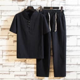 image-Chinese style 2022 summer linen suit men's cotton and linen short-sleeved T-shirt large size 9 points library pants suit